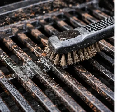 Met een grillborstel worden voedselresten van de onbewerkte gietijzeren grillroosters verwijderd voordat ze ingebrand worden.
