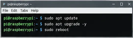樹莓派終端機顯示 apt update、apt upgrade 和 reboot 指令