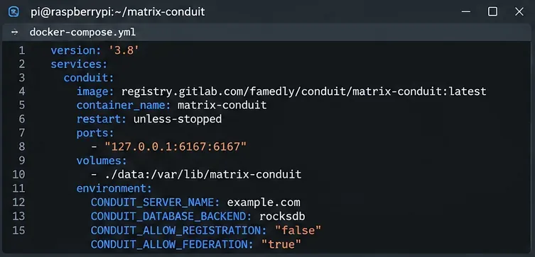 編輯器顯示了 Conduit Matrix 伺服器的 Docker Compose 服務