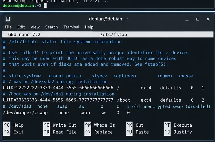 Debian 12 上の GNU nano による /etc/fstab の図。古い raw swap エントリが無効になっており、/dev/mapper/cswap が swap として設定されている。