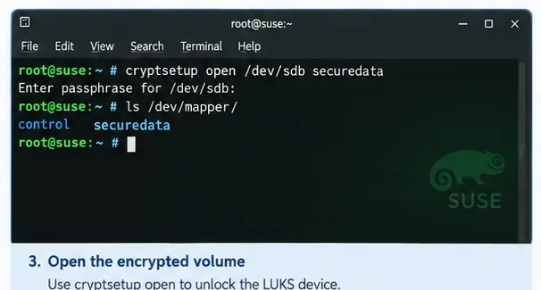 SUSE Linuxターミナルでcryptsetupを使用してLUKSデバイスを開き、/dev/mapperの下にsecuredataを表示する