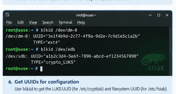 SUSE Linuxターミナルでblkidを使用してLUKS UUIDと暗号化マッピング内のファイルシステムのUUIDを表示する