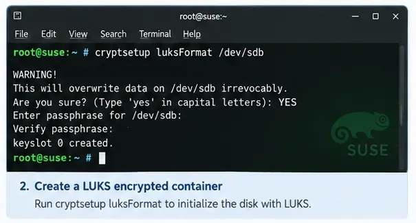 SUSE Linuxターミナルで/dev/sdbに対してcryptsetup luksFormatを実行し、確認とパスフレーズの入力を求めています。