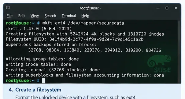 SUSE Linuxターミナルで/dev/mapper/securedata上にext4ファイルシステムを作成中