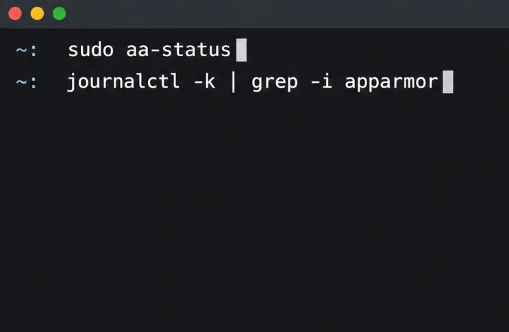 คำสั่งเทอร์มินัล aa-status และ journalctl -k ถูกกรองสำหรับ AppArmor หลังจากบังคับใช้โปรไฟล์แล้ว