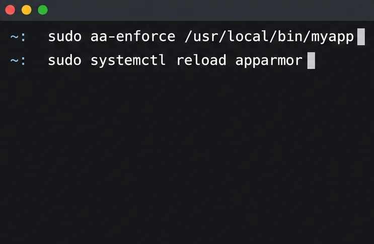 ใช้คำสั่งเทอร์มินัล aa-enforce สำหรับแอปพลิเคชันตัวอย่าง ตามด้วย systemctl reload apparmor