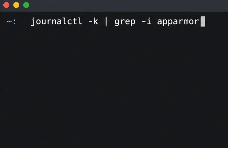 คำสั่งเทอร์มินัล journalctl -k ส่งต่อไปยัง grep -i apparmor เพื่อตรวจสอบข้อความ AppArmor ของเคอร์เนล