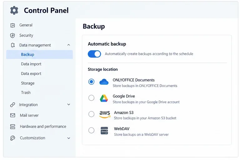 ONLYOFFICE 風格的備份頁面,儲存選項包括 ONLYOFFICE 文件、Google 雲端硬碟、Amazon S3 和 WebDAV。
