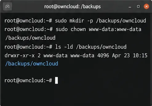 ターミナルが専用のownCloudデータベースバックアップディレクトリを作成し、その権限を確認する