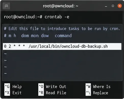 毎日午前2時に実行されるownCloudデータベースのバックアップスクリプトを表示するCrontabエディタ
