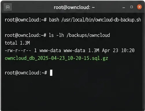 手動テスト実行後に新しく作成された圧縮済みownCloudデータベースバックアップをターミナルに表示する