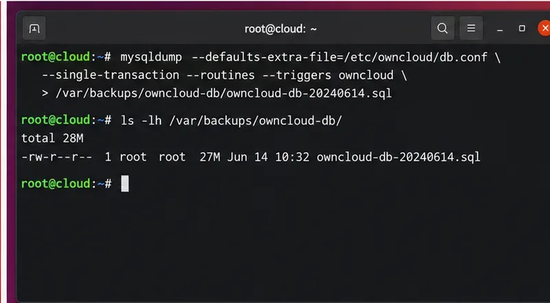 ターミナルで単一トランザクションでmysqldumpを実行し、結果として生成されたownCloud SQLバックアップファイルを一覧表示する