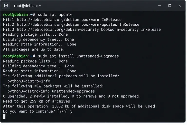 Debian 終端機顯示 apt update 指令執行完畢,隨後安裝了 unattended-upgrades 軟體套件。
