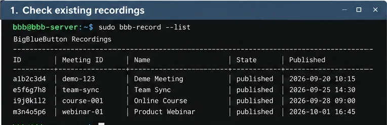 終端機顯示 bbb-record list 指令,其中包含已發佈的 BigBlueButton 錄製內容。