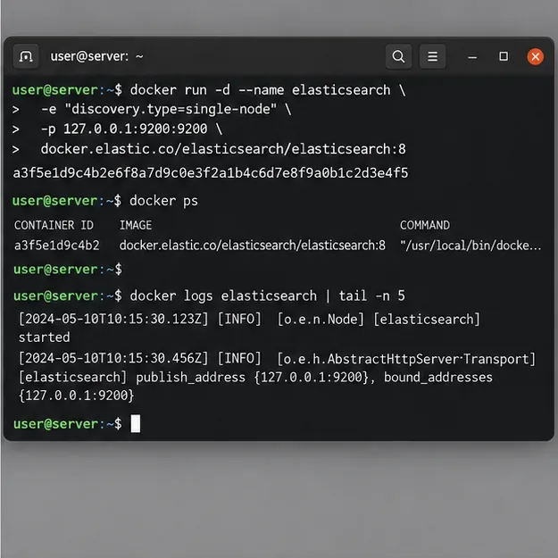 Linuxターミナルに、シングルノードのElasticsearchコンテナが起動し、ポート9200で待機している様子が表示されている。