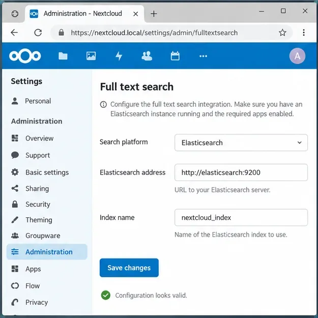 Elasticsearchが選択され、Elasticsearchアドレスとnextcloud_indexインデックス名が表示されたNextcloud全文検索管理画面