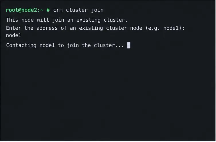 เปิดเทอร์มินัล Linux บนโหนด 2 แล้วรันคำสั่ง crm cluster join โดยเลือกโหนด 1 เป็นโหนดคลัสเตอร์ที่มีอยู่แล้ว