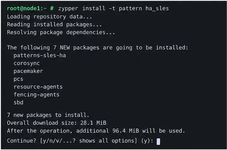 เทอร์มินัล Linux แสดงภาพการติดตั้ง zypper สำหรับรูปแบบความพร้อมใช้งานสูง ha_sles และการแก้ไขแพ็กเกจคลัสเตอร์