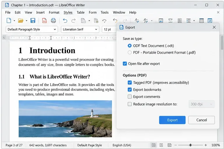 Cuadro de diálogo de exportación de LibreOffice Writer con opciones de documento de texto ODF y PDF junto a un capítulo de libro compuesto.