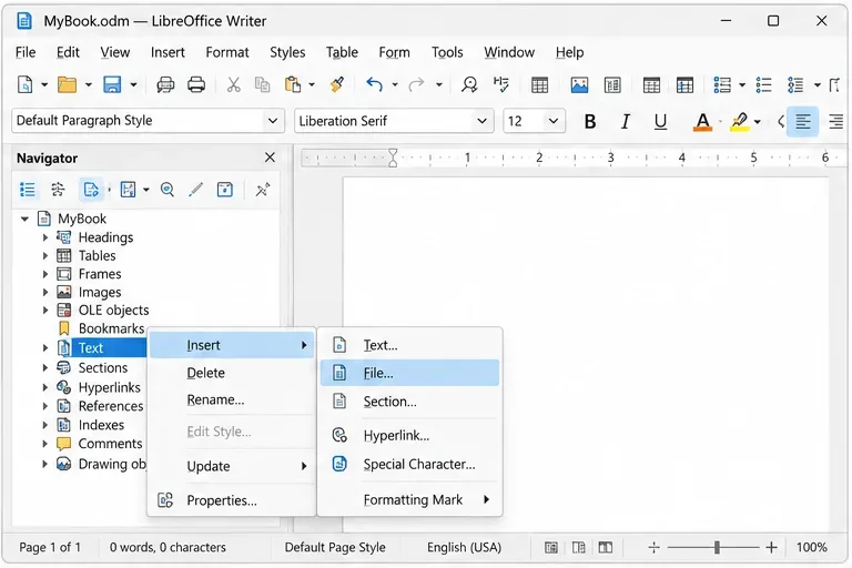 Vista maestra del navegador de LibreOffice Writer con el menú contextual del nodo Texto abierto en Insertar y Archivo.
