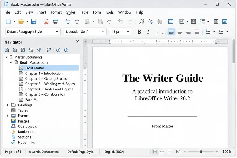 Documento maestro de LibreOffice Writer que muestra la información preliminar y los capítulos vinculados en Navigator.