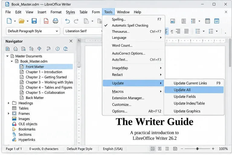 Menú Herramientas de LibreOffice Writer abierto en Actualizar con Actualizar todo seleccionado