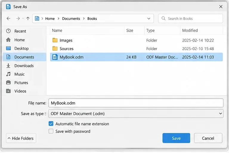 Cuadro de diálogo Guardar como de LibreOffice Writer que muestra MyBook.odm y el tipo de archivo de documento maestro ODF.
