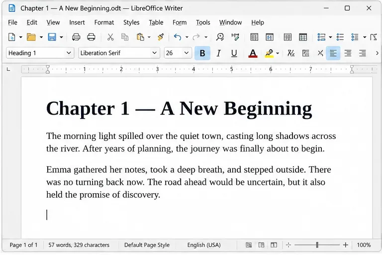 Archivo de capítulo de LibreOffice Writer con un título de Capítulo 1 formateado usando el estilo de párrafo Encabezado 1