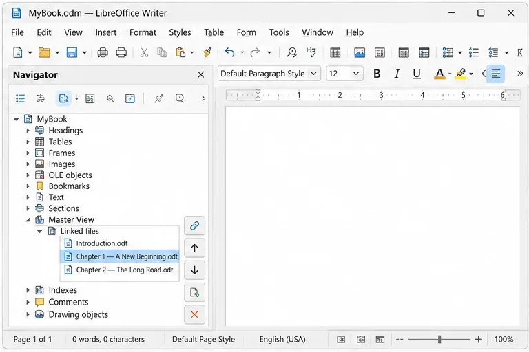 LibreOffice Writer Navigator enumera la Introducción, el Capítulo 1 y el Capítulo 2 en orden de lectura.