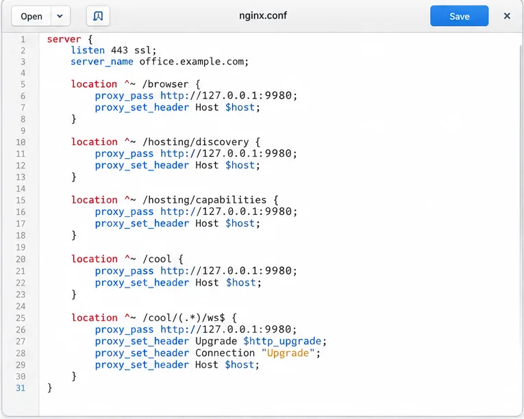 Editor de configuración que muestra las rutas del proxy inverso para el navegador, el descubrimiento de alojamiento, las capacidades, cool y las rutas de WebSocket.