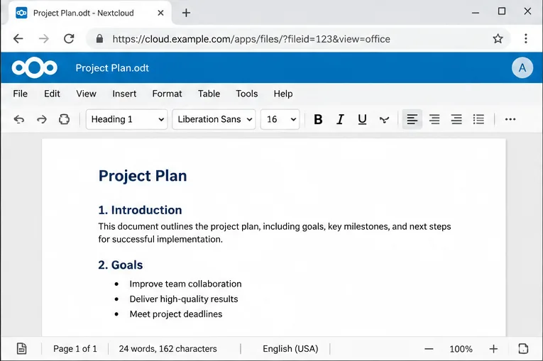 El editor de documentos Collabora, basado en navegador, se abre dentro de Nextcloud con un documento de ejemplo de plan de proyecto.