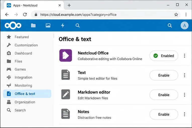 Página de Nextcloud Apps en la categoría Office y texto con Nextcloud Office habilitado.