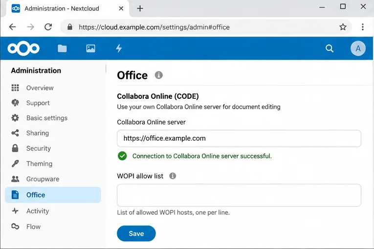 Página de administración de Nextcloud Office que muestra la URL del servidor Collabora, el estado de conexión correcta y el campo de lista de permitidos de WOPI.