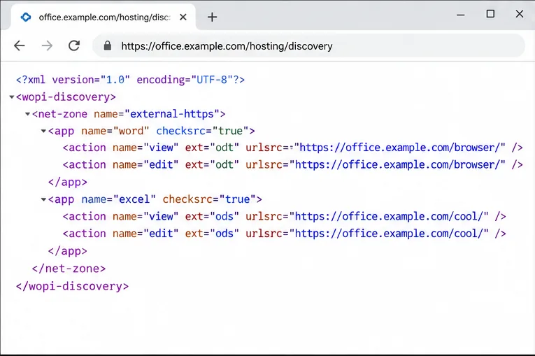 El navegador muestra una respuesta XML de descubrimiento WOPI del servicio de alojamiento de descubrimiento office.example.com.