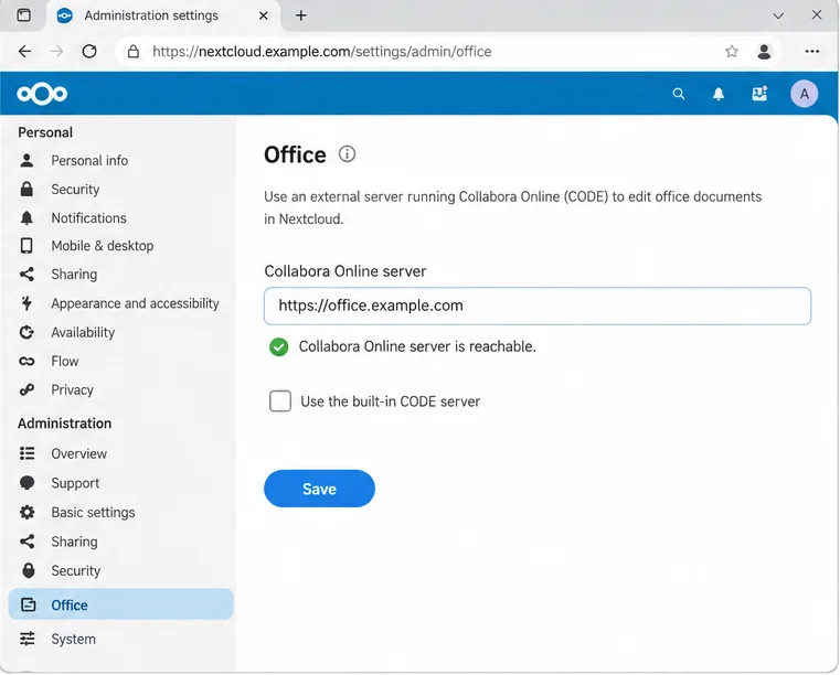 Pantalla de administración de Nextcloud Office con un campo para la URL de un servidor externo de Collabora Online y un indicador de accesibilidad correcta.