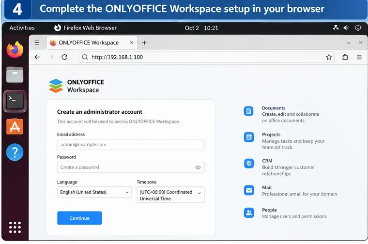 이메일, 비밀번호, 언어 및 시간대 입력란이 있는 ONLYOFFICE Workspace 관리자 설정 페이지의 브라우저 이미지입니다.