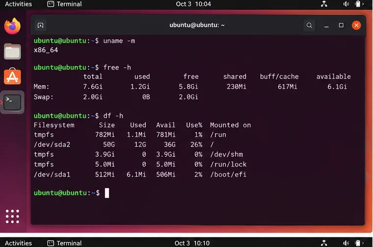 ONLYOFFICE Workspace 설치 전 아키텍처, 메모리, 스왑 및 디스크 공간 검사 결과를 보여주는 Ubuntu 터미널 화면입니다.
