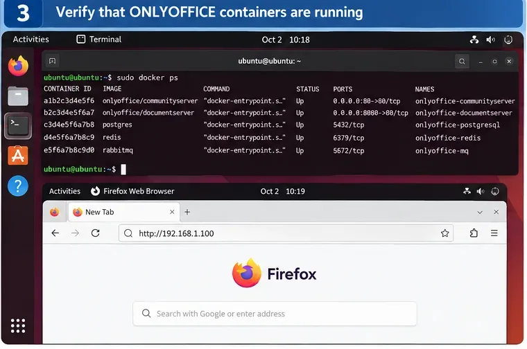 Ubuntu 데스크톱 환경에서 `docker ps` 명령어로 확인한 후 Firefox에서 Workspace 서버 주소를 여는 모습을 보여줍니다.