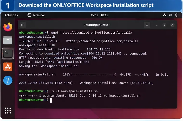 download.onlyoffice.com에서 다운로드한 ONLYOFFICE Workspace 설치 스크립트가 표시되는 Ubuntu 터미널 화면입니다.