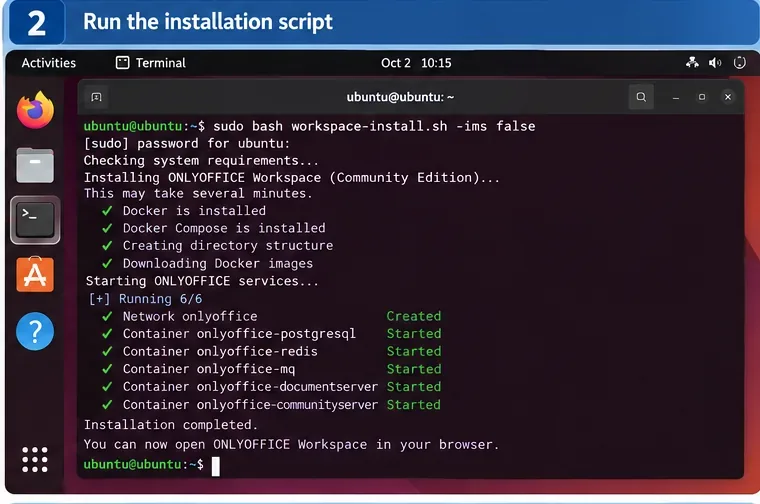 메일 서버 없이 ONLYOFFICE Workspace 설치 스크립트가 실행되는 Ubuntu 터미널 화면을 보여줍니다.