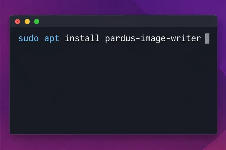 Linuxターミナルには、設定済みのリポジトリからパッケージをインストールするためのコマンド「sudo apt install pardus-image-writer」が表示されます。