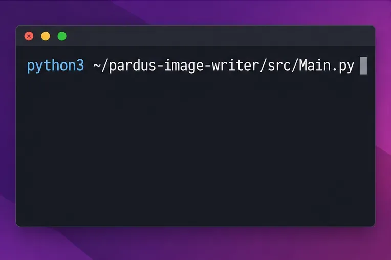 Linuxターミナルには、ソースチェックアウトを実行するためのコマンド python3 ~/pardus-image-writer/src/Main.py が表示されます。