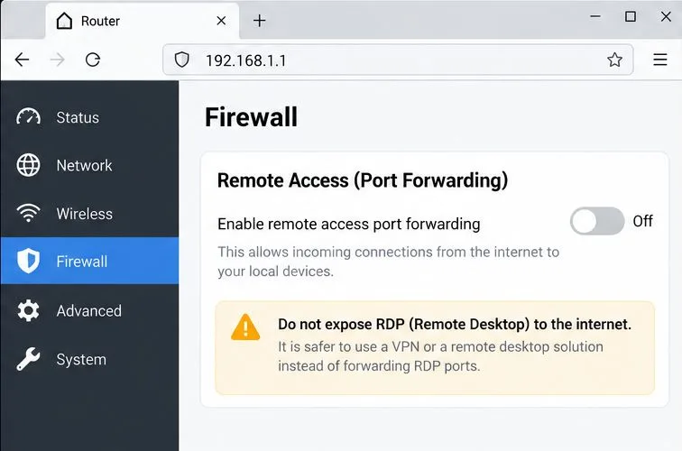 リモートポートフォワーディングが無効になっている、一般的なルーターファイアウォールページのモックアップ。
