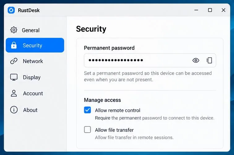 RustDeskのセキュリティ設定のモックアップ。パスワードとリモートコントロールのオプションが表示されています。