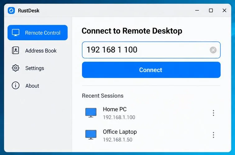 RustDeskの接続フォームのモックアップ。サンプルとしてローカルネットワークアドレスが入力されています。