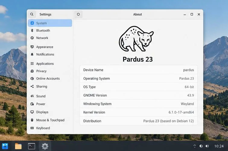 Pardus 23の「システム情報」画面には、オペレーティングシステムとデスクトップセッションの詳細が表示されます。インストールされているリリースとデスクトップは異なる場合があります。