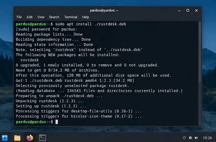 Pardusターミナルのモックアップで、aptがダウンロードしたRustDeskパッケージをインストールする様子を示しています。