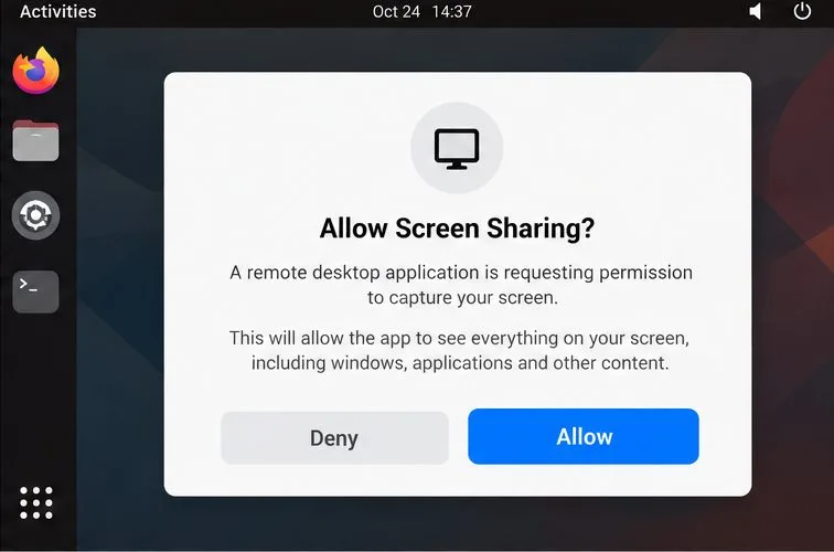 デスクトップ画面共有の許可ダイアログのモックアップ（許可ボタン付き）。