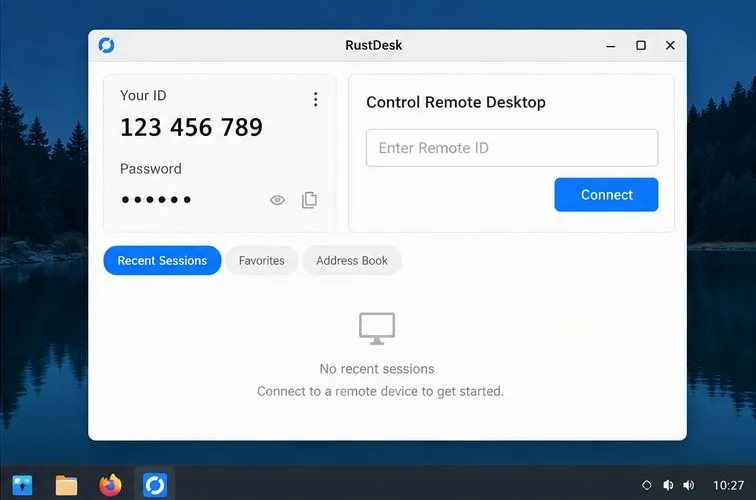 RustDeskのメインウィンドウのモックアップ。デバイスID、ワンタイムパスワード、リモートIDの入力欄が表示されています。