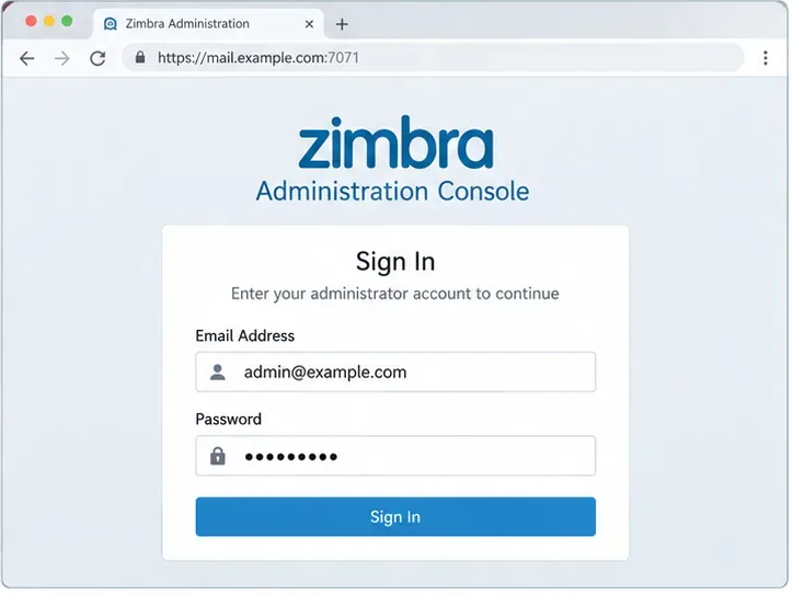 Página de inicio de sesión de la consola de administración de Zimbra con campos para el correo electrónico y la contraseña del administrador.